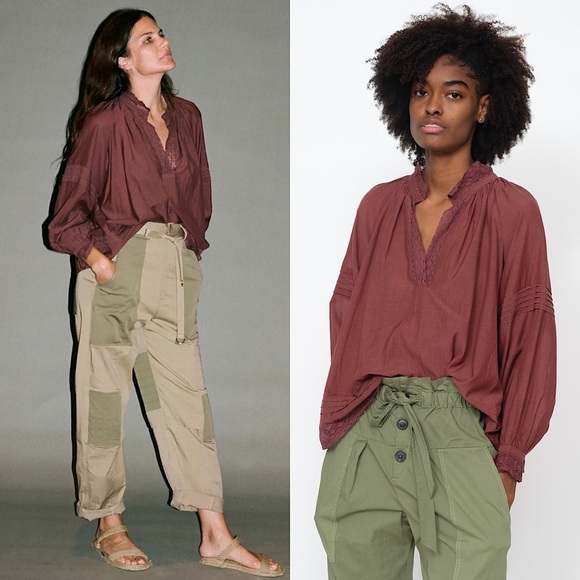 Sea New York Tops - SEA NY Burgundy Cotton Lace Trim Puff Long Sleeve High Neck Oversized Top XS‎